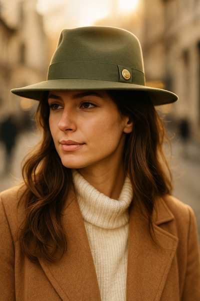 Luminos Butik Unisex Trendy Fedora Hat - Khaki Tape Detailed, Stylish and Comfortable Decorative Accessory Spk1145