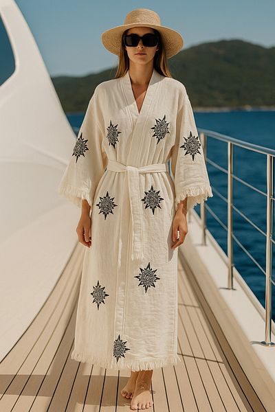 LaraLisa 4 Layers Natural Muslin Cotton Fabric Chemical Treatment Unprocessed Hand Printed Kaftan Kimono Peshtemal Bathrobe