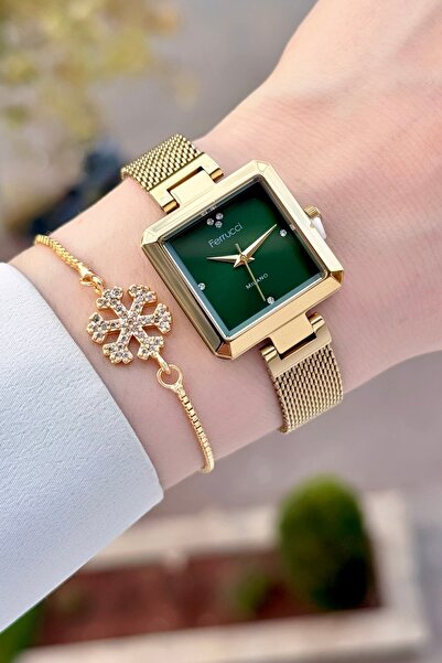 Ferrucci Women's Wristwatch and Bracelet with Green Dial Yellow Color Adjusta...