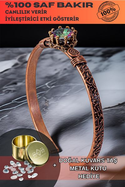 OSMANLI GÜMÜŞ Women's Copper Bracelet - Mystic Topaz Tree Bark Model Thin Metal Box Quartz Stone Bracelet
