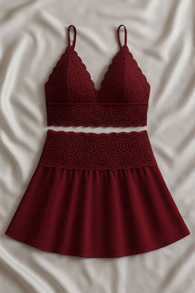 Stail Moda Women's Black Sexy Bottom and Top Set Stylish Nightgown Set with Lace and Tulle Detailed Skirt2025