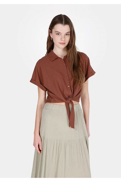 Colin's Regular Fit Shirt Neck Jacquard Women's Brown Short Sleeve Shirt