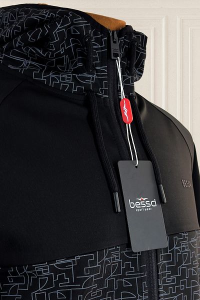 BESSA Set de trening pentru bărbați din țesătură neagră pentru scafandru, cu glugă, buzunar cu fermoar, picior elastic