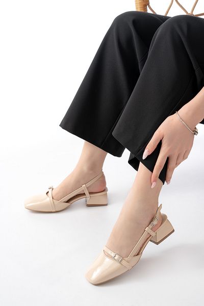 macella Laris Beige Patent Leather Stone Buckle Square Toe Short Heel Daily Comfortable Ballerina Women's Heeled Shoes