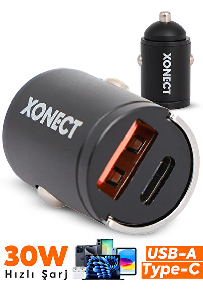 XONECT - Araç Şarj Cihazı USB ve Type-C Çıkışlı 30W Hızlı Şarj Adaptörü Siyah