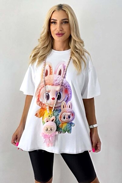 FashionForYou Tricou dama print realist BuBu TOY si colier jucarie plus, Alb