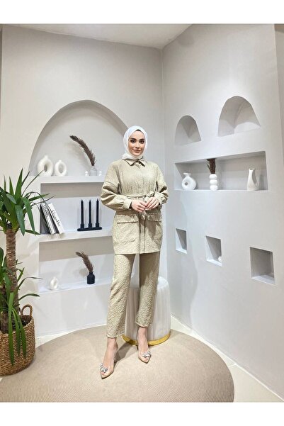 comstar Women's Jacquard Waist Belted Pocket Stone Bottom Top Set