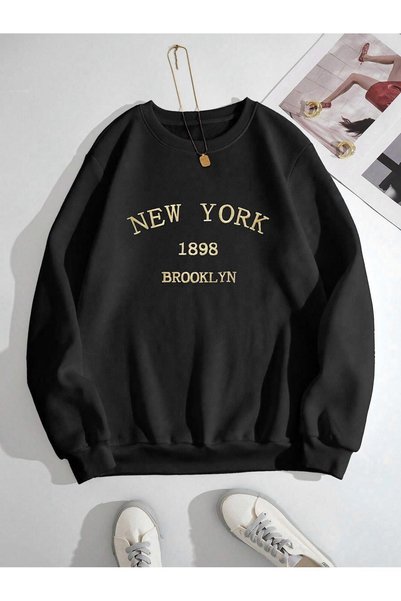 Sweetline New York 1898 Brooklyn Sweatshirt - Black Printed Oversize Winter T...