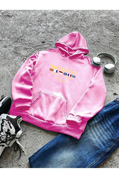 Sweetline سويت شيرت بقلنسوة وردي كبير الحجم مطبوع للجنسين من موناكو