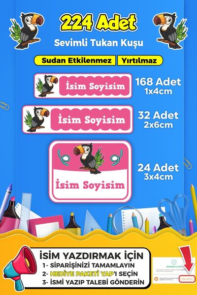 SB store Tukan Kuşu Temalı Okul Kreş Etiketi Kalem Defter Özel Isim Yazılabil...