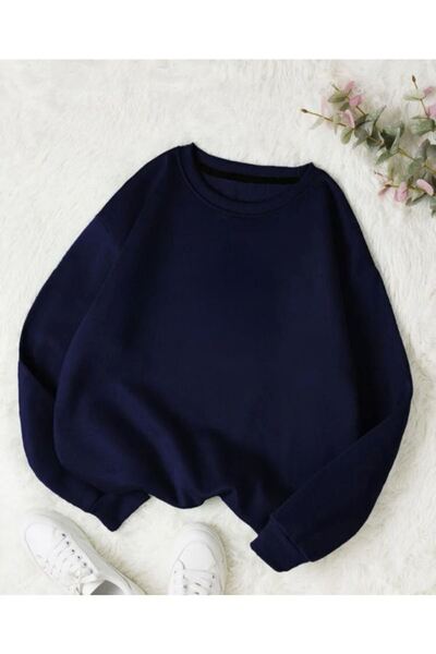 Sweetline Basic Düz Sweatshirt - Lacivert Oversize Kışlık Kalın Bisiklet Yaka
