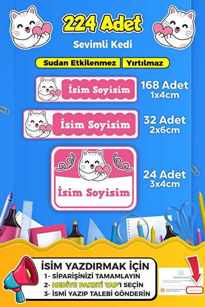 SB store Sevimli Kedi Okul Kreş Etiketi Kalem Defter Özel Isim Yazılabilen Et...