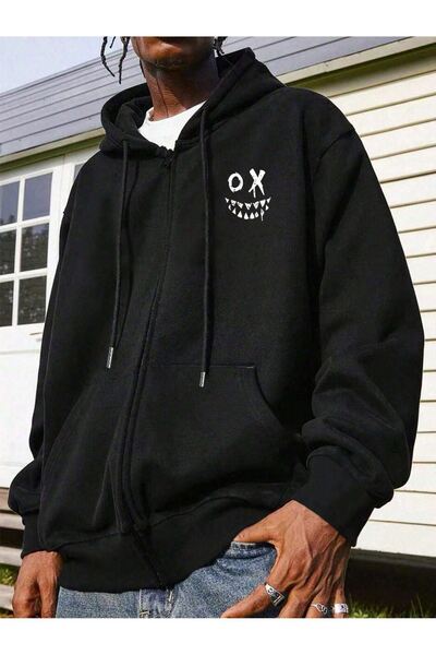 Sweetline O X Yüz Fermuarlı Hırka Sweatshirt - Siyah Baskılı Oversize Kışlık ...