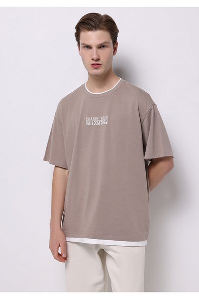 Colin's Tricou cu mânecă scurtă cu imprimeu bej pentru bărbați, cu gât rotund, oversize