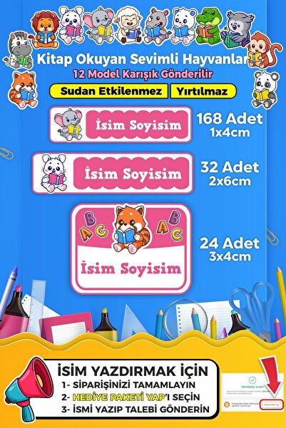 SB store Kitap Okuyan Sevimli Hayvanlar Temalı Kişiye Özel Okul Kreş İsim Eti...