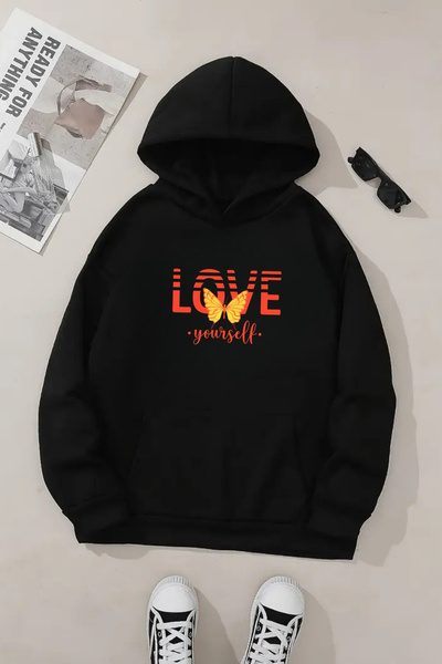 Sweetline Unisex Μαύρο φούτερ με κουκούλα – Love Yourself Printed, Χοντρό ύφα...