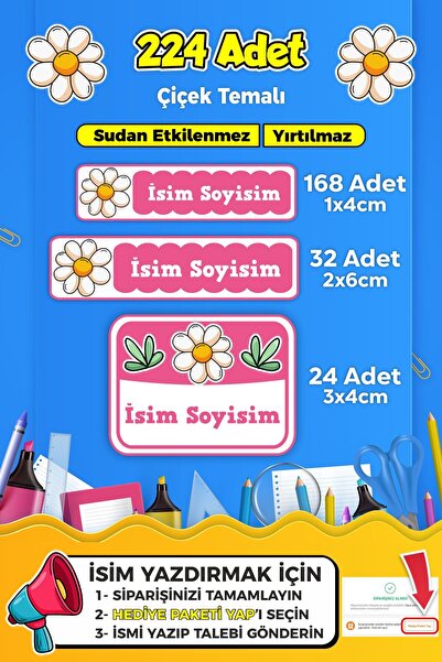 SB store Çiçek Temalı Okul Kreş Etiketi Kalem Defter Özel Isim Yazılabilen Et...