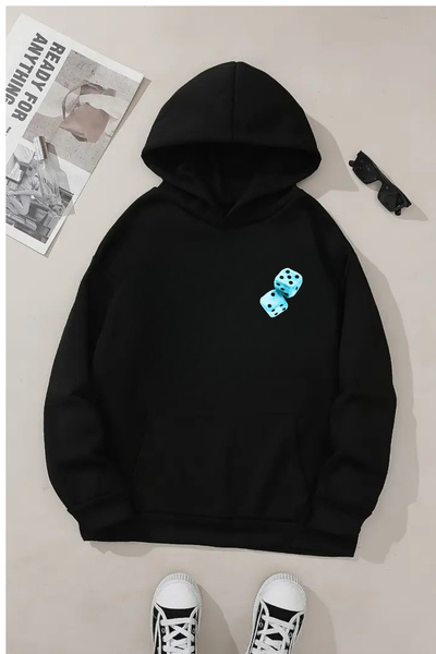 Sweetline Hanorac negru unisex cu glugă – țesătură groasă cu imprimeu zaruri