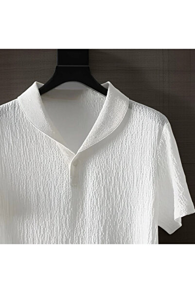 Fifty Color Alaçatı Style Men's Wrinkled Crinkle Fabric Summer Lycra Polo Collar Tshirt and Sweatpants Suit Combination