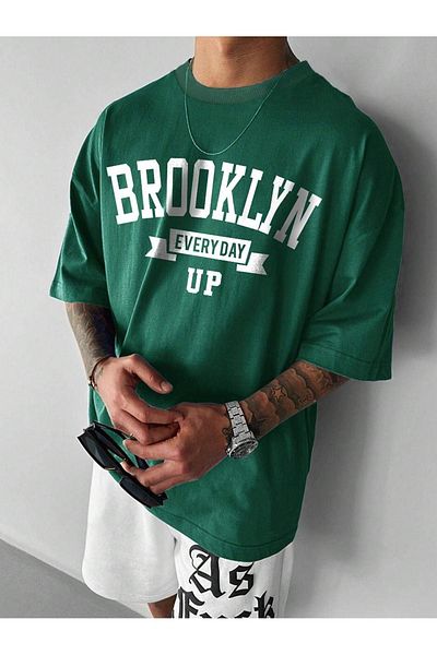 CLAYES Brooklyn Every Day Up Single Jersey T-Shirt - Nefti Green Printed Oversize Crew Neck Short Sleeve T-Shirt