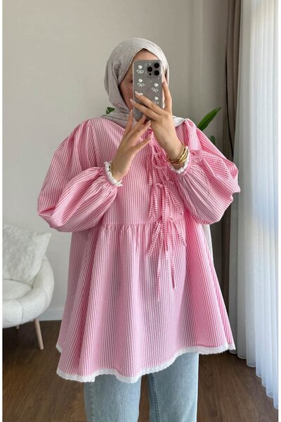 Chef d'atelier Women's Guipure and Lace Detailed Striped Seersucker Tunic