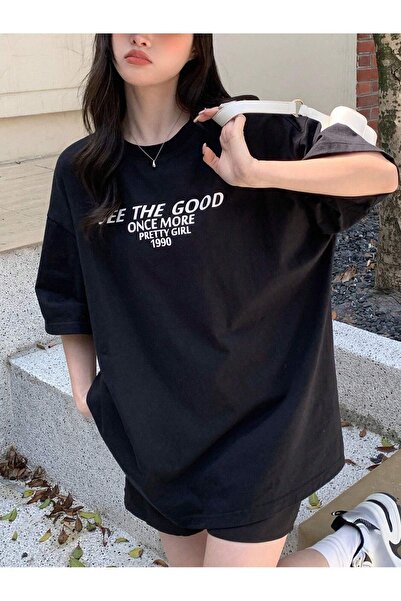 CLAYES See the Good Single Jersey T-Shirt - Black Printed Oversize Crew Neck T-Shirt