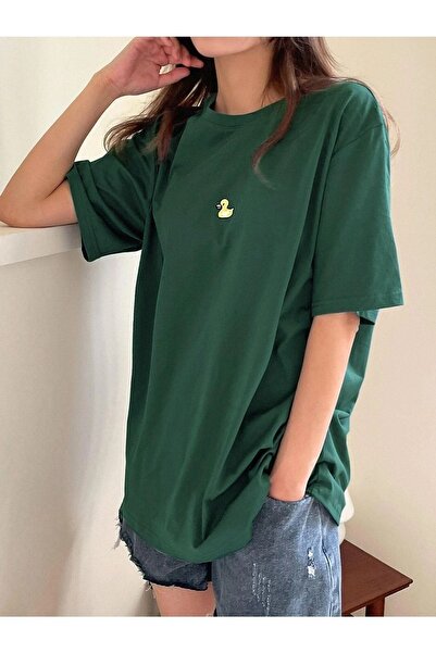 CLAYES Duck Minimal T-shirt - Green Oversize Printed Crew Neck