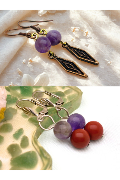 ayrestyle طقم أقراط من حجر الجمشت والجمشت والجاسبر الطبيعي مكون من قطعتين - م...