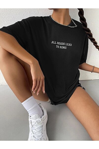 CLAYES To Rome Oversize T-Shirt - Μαύρο εμπριμέ, Crew λαιμόκοψη, κοντό μανίκι