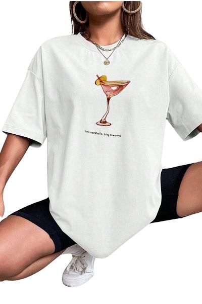 CLAYES Tinycoctails Printed White Cotton T-Shirt - Oversize Crew Neck Tee