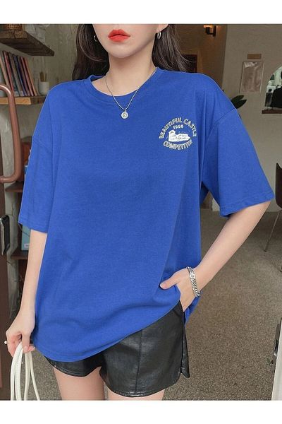 CLAYES Tricou Beatiful Castle - Manecă scurtă cu decolteu rotund supradimensionat cu imprimeu albastru sax