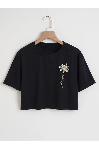 CLAYES Black Happy Daisy Printed Crop Tshirt - Oversize Crew Neck