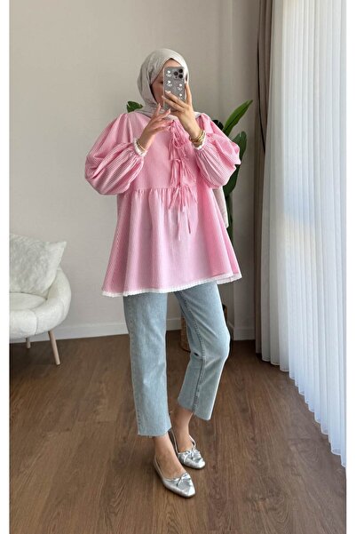 Chef d'atelier Women's Guipure and Lace Detailed Striped Seersucker Tunic