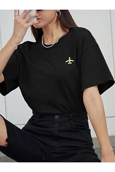 CLAYES Чорна оверсайз футболка з логотипом літака - велосипедний комір