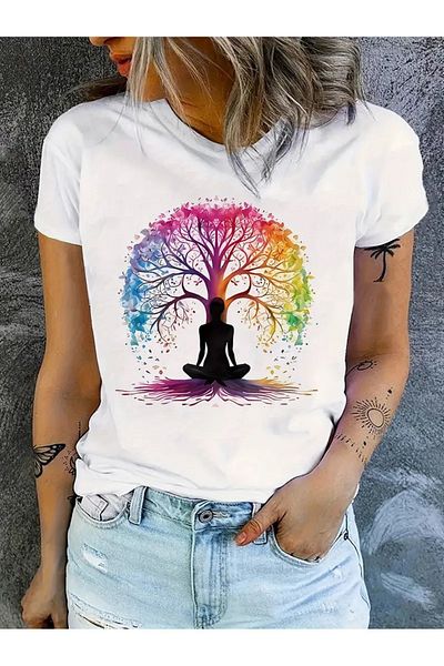 CLAYES Yoga Tree Printed White Cotton T-Shirt - Oversize Crew Neck Short Sleeve T-Shirt