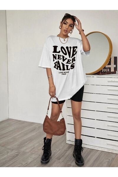 CLAYES Love Neverfails Printed White Oversize T-Shirt - Crew Neck, κοντό μανίκι