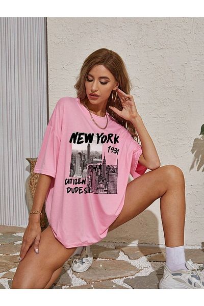 CLAYES New York 1931 T-shirt - Pink Oversize Printed Crew Neck