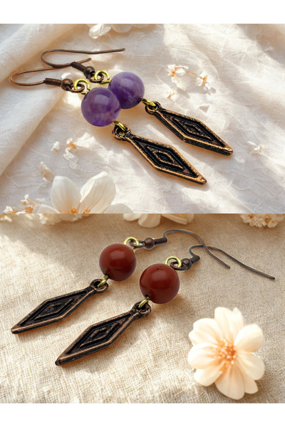 ayrestyle Amethyst & Jasper Natural Stone 2-Piece Earring Set with Dangle - O...