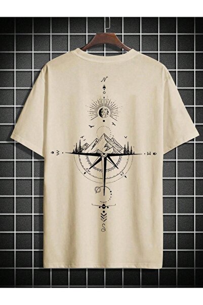 CLAYES Compass Single Jersey T-Shirt - Beige Printed Oversize Crew Neck Short Sleeve T-Shirt