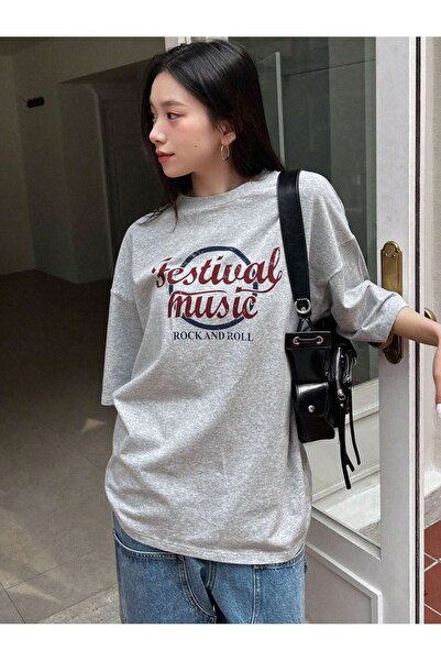 CLAYES Festival Music Single Jersey T-Shirt - Gray Printed Oversize Crew Neck T-Shirt