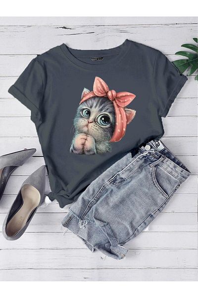 CLAYES Oversize Smoked Cute Little Cat Printed T-shirt Unisex Comfortable Fit