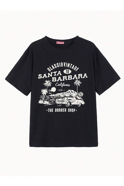 CLAYES Santa Barbara Printed Black Oversize T-Shirt - Crew Neck, κοντό μανίκι