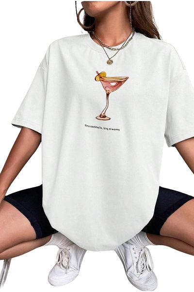 CLAYES Tinycoctails Printed White Cotton T-Shirt - Oversize Crew Neck Tee