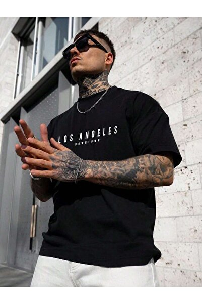 CLAYES Μπλουζάκι Los Angeles Downtown Single Jersey - Μαύρο εμπριμέ κοντομάνικο μπλουζάκι με λαιμόκοψη