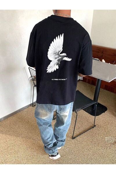 CLAYES Pigeon Single Jersey T-Shirt - Black Printed Oversize Crew Neck Short Sleeve T-Shirt