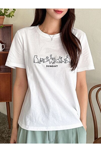 CLAYES Sunday Cat Figure T-shirt - Λευκό εμπριμέ κοντομάνικο μπλουζάκι με λαιμόκοψη