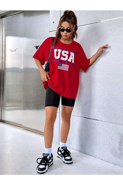 CLAYES Μπλουζάκι Usa Flag - Κόκκινο Oversize Printed Crew Neck