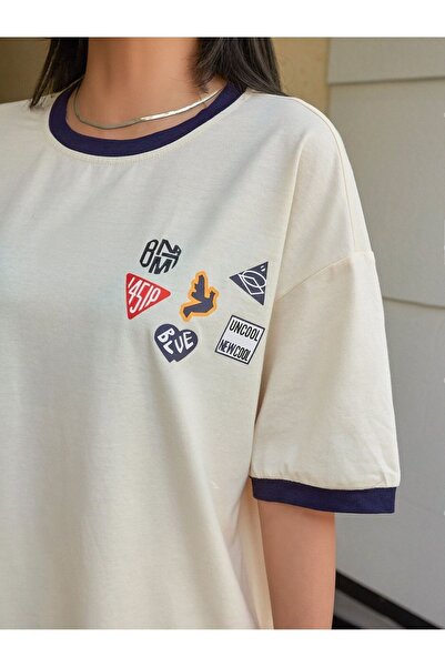 CLAYES Uncool Beige Body Navy Blue Piping T-Shirt - Oversize Crew Neck Short Sleeve T-Shirt