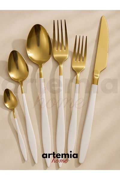DMR LİFE Gold Dine White 6 Piece Dinner Knife |   Gold |   6 People |   18/10 Stainless Steel