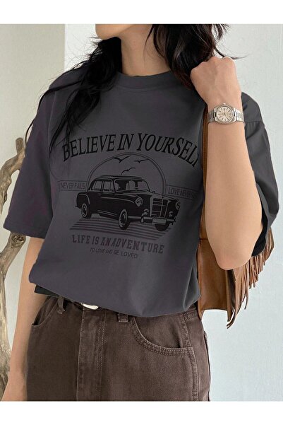 CLAYES Believe In Yourself T-shirt - Füme Baskılı Oversize Bisiklet Yaka Kısa...